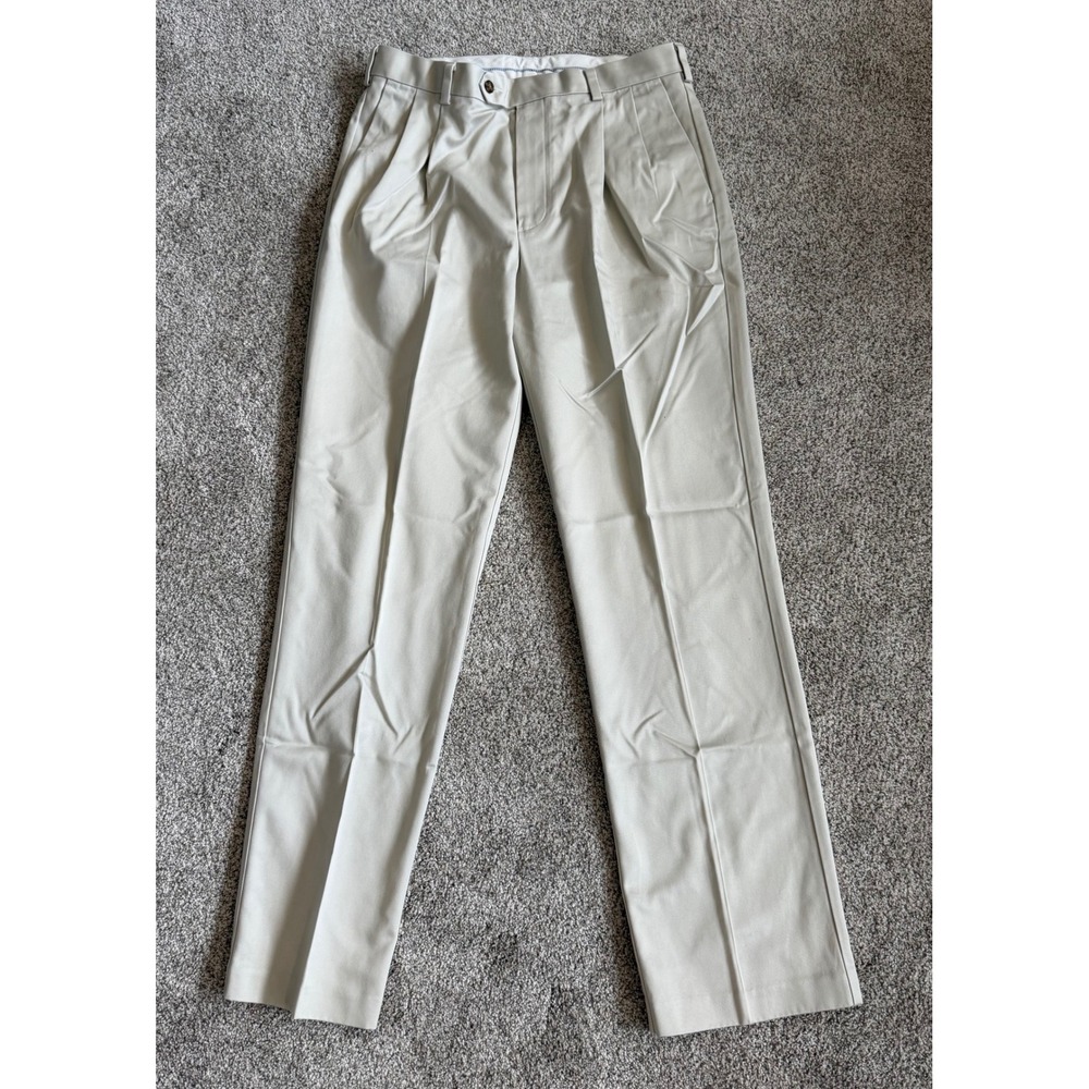 Roundtree & Yorke Mens Khaki Tan Pleated Cotton Dress Pants Chinos 34x34